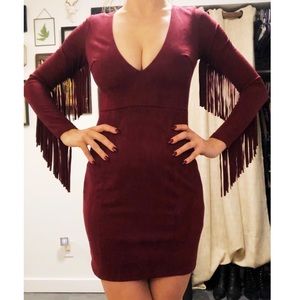 Burgundy faux suede fringe dress